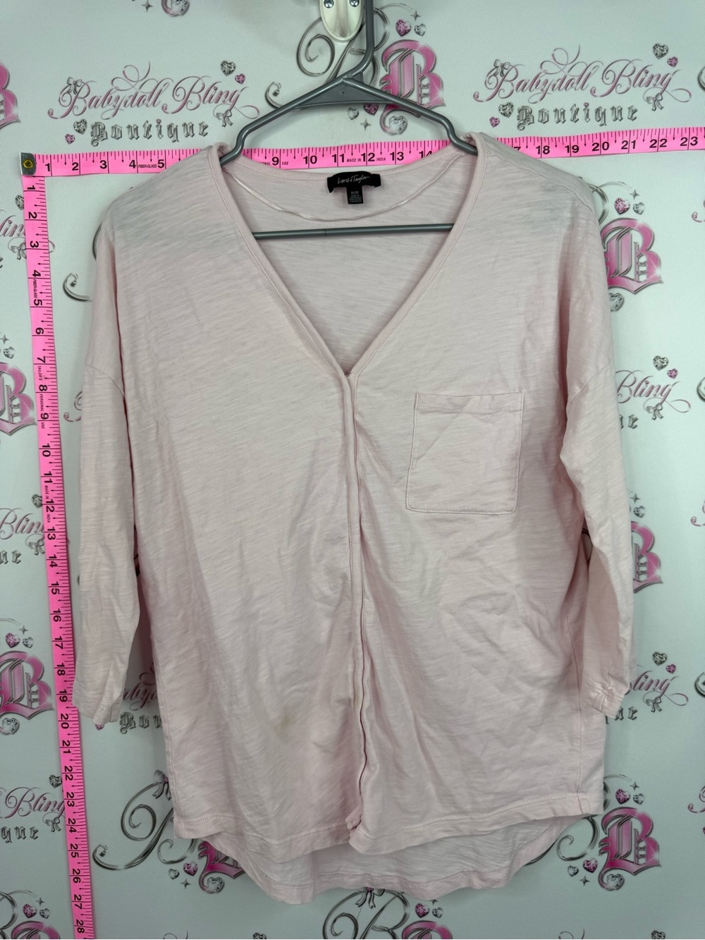 Lord & Taylor Pale Pink V-Neck Long Sleeve Tee with Chest Pocket